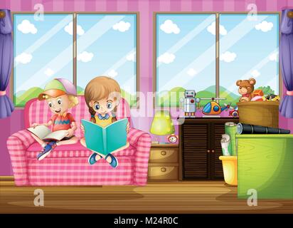 Boy and girl reading book on sofa illustration Stock Vector