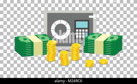 Closed small safe box and stacks of gold coins and stacks of dollar cash. Vector illustration in flat design on isolated background Stock Vector