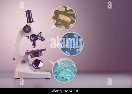 Microscope and a set  of different bacterias and viruses. Space for text. 3d illustration. Stock Photo