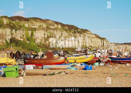 Fishing boats on the beach at Hastings in East Sussex, England on November 3, 2009. Stock Photo