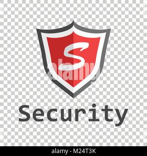 Red shield logo. Vector illustration in flat style with word security. Stock Vector