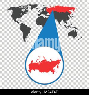 World map with zoom on Russia. Russian Federation map in loupe. Vector illustration in flat style Stock Vector