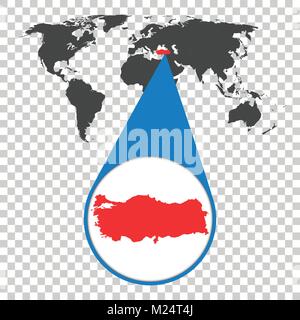 World map with zoom on Turkey. Map in loupe. Vector illustration in flat style Stock Vector