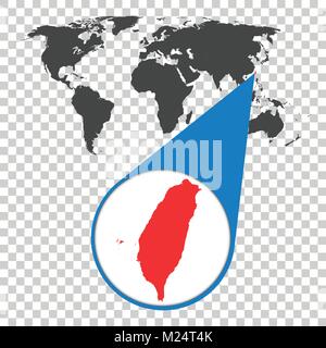 World map with zoom on Taiwan. Map in loupe. Vector illustration in flat style Stock Vector