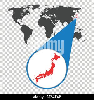 World map with zoom on Japan. Map in loupe. Vector illustration in flat style Stock Vector