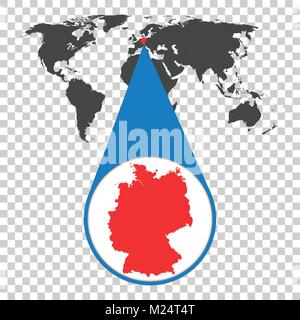 World map with zoom on Germany. Map in loupe. Vector illustration in flat style Stock Vector