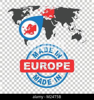 Made in Europe stamp. World map with red country. Vector emblem in flat style on isolated background. Stock Vector