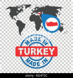Made in Turkey stamp. World map with red country. Vector emblem in flat style on isolated background. Stock Vector