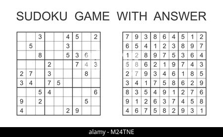 Sudoku game with answer. Vector puzzle game with numbers for kids and adults. Illustration on white background. Stock Vector