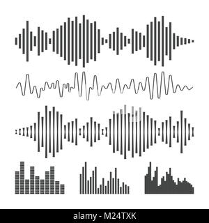 Vector sound waveforms icon. Sound waves and musical pulse vector illustration on white background. Stock Vector