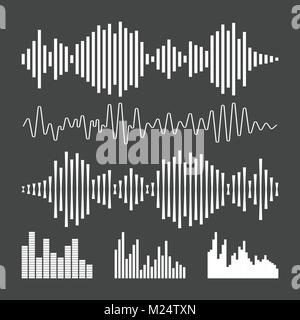 Vector sound waveforms icon. Sound waves and musical pulse vector illustration on black background. Stock Vector