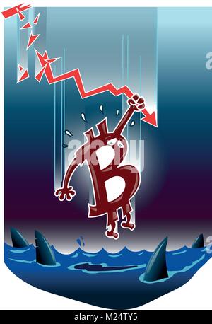 bitcoin symbol falling down into the dark water funny cartoon vignette Stock Vector