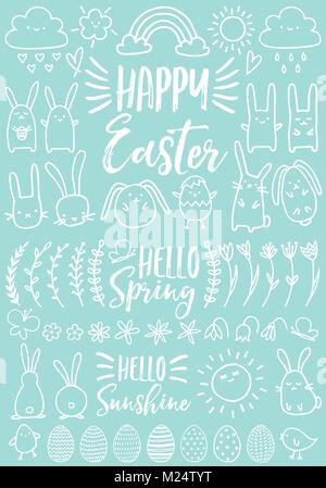 Cute white Easter doodles, bunnies, eggs and hand drawn flowers, set of vector design elements Stock Vector