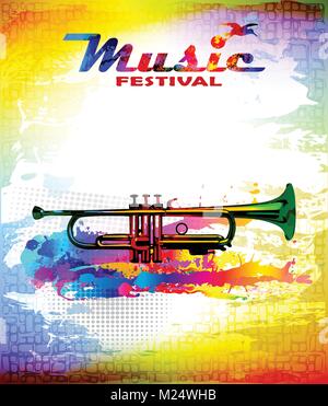 Colourful music festival flyer, banner with trumpet Stock Vector