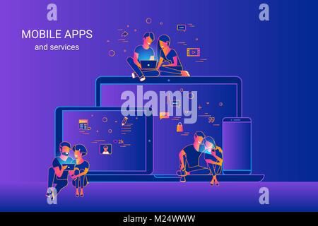 Gradient line vector illustration of people using gadgets and enjoying ux and ui design. Couples using cross platform mobile apps Stock Vector