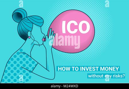 ICO letters flying up in blue sky with yellow air balloon Stock Vector