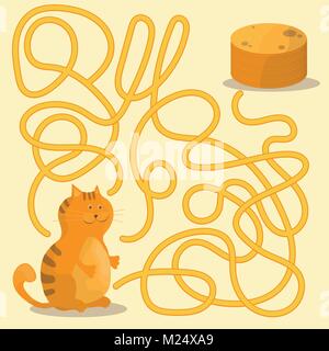 Cartoon of Paths or Maze Puzzle Activity Game with Kitten and Pancakes Stock Vector