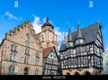 Wine House (L), Walpurgis Church (M) and half-timbered Town Hall (R) in old town of Alsfeld, Hesse, Germany Stock Photo