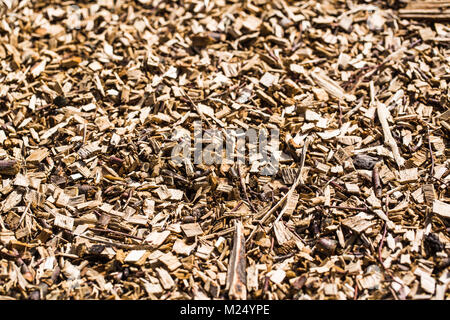 Wood chips in detail in the garden Stock Photo