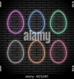 Set of egg shaped neon lights isolated on the brick wall background. Vector elements illustration for the design purposes Stock Vector