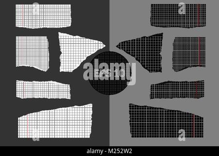 Set of different black and white torn sheets from copybook. Realistic vector elements for design use Stock Vector