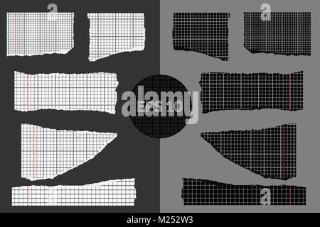 Set of different black and white torn sheets from copybook. Realistic vector elements for design use Stock Vector