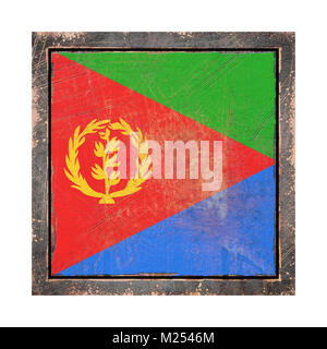 3d rendering of a Eritrea flag over a rusty metallic plate wit a rusty frame. Isolated on white background. Stock Photo