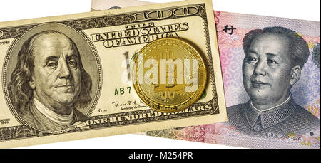 Golden bitcoin over multi currency banknotes dollar and yuan notes Stock Photo