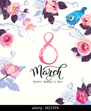 Happy women's day postcard, party invitation or festive banner template with elegant lettering, wild pink rose flowers, blue bird on white background. Vector illustration for 8 march celebration. Stock Vector