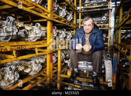 union assembly of workers in the Arese plant of Alfa Romeo car factory (Milan, Italy, Mars 1982) Stock Photo