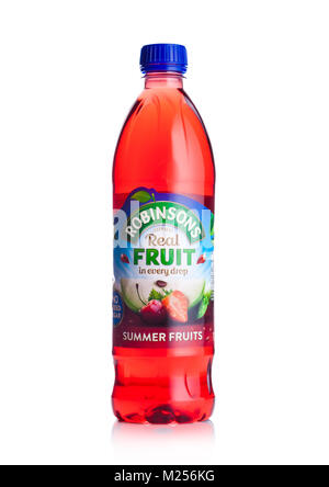 LONDON, UK - FEBRUARY 02, 2018: Bottle of Robinsons Fruit Juice with summer fruit on white background. Stock Photo