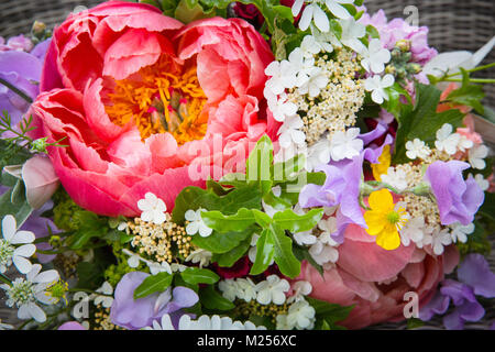 Colourful flower bouquet with peony rose, close up Stock Photo