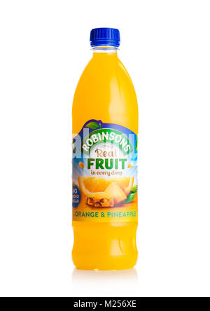 LONDON, UK - FEBRUARY 02, 2018: Bottle of Robinsons Fruit Juice with orange and pineapple flavor on white background. Stock Photo