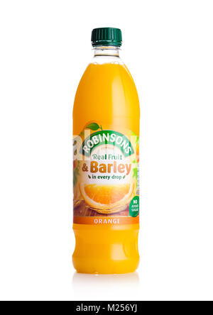 LONDON, UK - FEBRUARY 02, 2018: Bottle of Robinsons Fruit Juice with orange flavor on white background. Stock Photo
