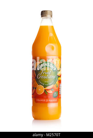 LONDON, UK - FEBRUARY 02, 2018: Bottle of Robinsons Fruit Juice with orange and mango on white background. Stock Photo
