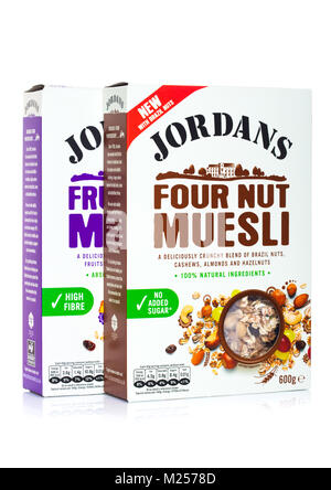 LONDON, UK - FEBRUARY 02, 2018: Boxes of Jordans fruit and nut muesli on white background. Stock Photo