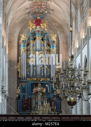 BREDA, NETHERLANDS - AUGUST 18, 2017: The Flentrop organ in the Grote Kerk was build in 1967-1969. It can be used for music from any style period. Stock Photo