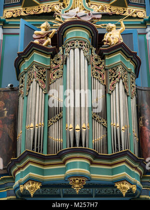 BREDA, NETHERLANDS - AUGUST 18, 2017: The Flentrop organ in the Grote Kerk was build in 1967-1969. It can be used for music from any style period. Stock Photo