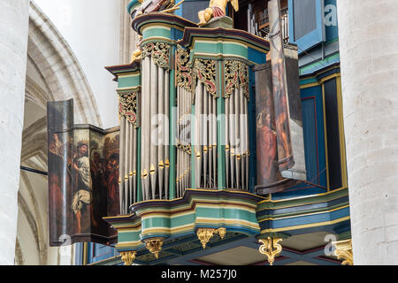 BREDA, NETHERLANDS - AUGUST 18, 2017: The Flentrop organ in the Grote Kerk was build in 1967-1969. It can be used for music from any style period. Stock Photo