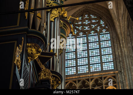 BREDA, NETHERLANDS - AUGUST 18, 2017: The Flentrop organ in the Grote Kerk was build in 1967-1969. It can be used for music from any style period. Stock Photo