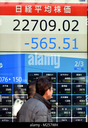 Tokyo, Japan. 5th Feb, 2018. Japanese stock market opens the week on a drop following a sharp fall on the Wall Street on Friday. The 225-issue Nikkei Stock Average was down more than 560 points to slip below the 23,000 threshold. Credit: Natsuki Sakai/AFLO/Alamy Live News Stock Photo