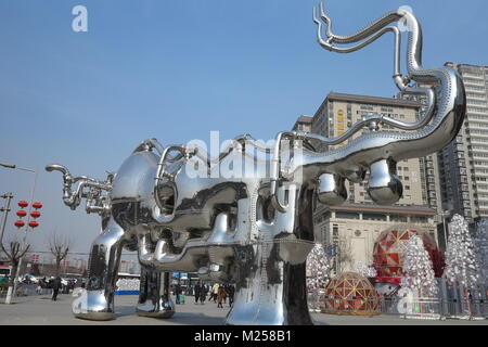 February 4, 2018 - Xi'An, Xi'an, China - Xi'an, CHINA-4th February 2018: A giant bull sculpture can be seen in Xi'an, northwest China's Shaanxi Province, celebrating the upcoming Spring Festival. Credit: SIPA Asia/ZUMA Wire/Alamy Live News Stock Photo