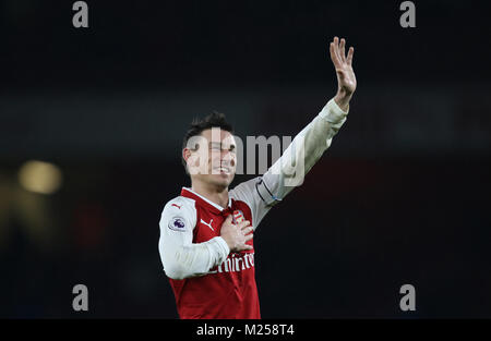 London, UK. 3rd Feb, 2018. Laurent Koscielny (A) at the Arsenal v Everton English Premier League match, at The Emirates Stadium, London, on February 3, 2018 **THIS PICTURE IS FOR EDITORIAL USE ONLY** Credit: Paul Marriott/Alamy Live News Stock Photo