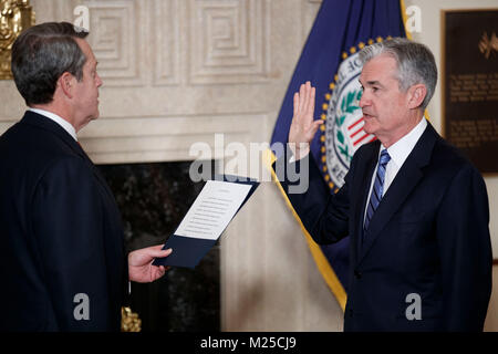 Washington, Washington, USA. 5th Feb, 2018. Jerome Powell (R) takes the oath of office as Chairman of the U.S. Federal Reserve, succeeding Janet Yellen, in Washington, the United States. on Feb 5, 2018. Credit: Ting Shen/Xinhua/Alamy Live News Stock Photo