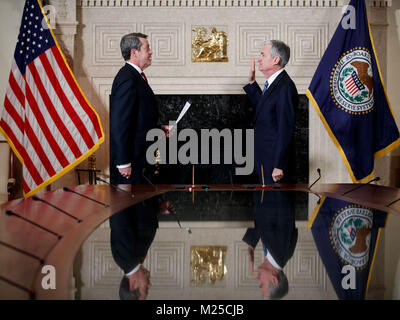 Washington, Washington, USA. 5th Feb, 2018. Jerome Powell (R) takes the oath of office as Chairman of the U.S. Federal Reserve, succeeding Janet Yellen, in Washington, the United States. on Feb 5, 2018. Credit: Ting Shen/Xinhua/Alamy Live News Stock Photo