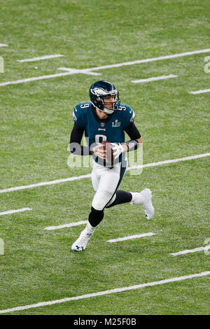 February 04, 2018 Philadelphia Eagles quarterback Nick Foles (9) scrambles with the ball during Super Bowl LII between the Philadelphia Eagles and the New England Patriots at US Bank Stadium in Minneapolis, MN. Charles Baus/CSM Stock Photo