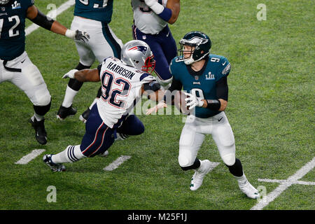 February 04, 2018 Philadelphia Eagles quarterback Nick Foles (9) scrambles with the ball during Super Bowl LII between the Philadelphia Eagles and the New England Patriots at US Bank Stadium in Minneapolis, MN. Charles Baus/CSM Stock Photo