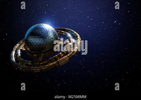 UFO, alien spaceship in outer space, flying saucer in front of the stars Stock Photo