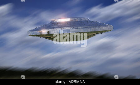 UFO, science fiction scene with alien spaceship, visitors in flying saucer Stock Photo