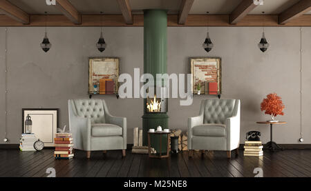 Vintage living room qith wooden stove and two armchairs - 3d rendering Stock Photo